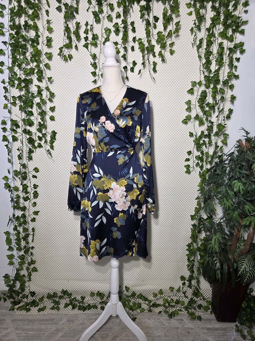 Lulu's Navy Floral Wrap Dress with Long Sleeves